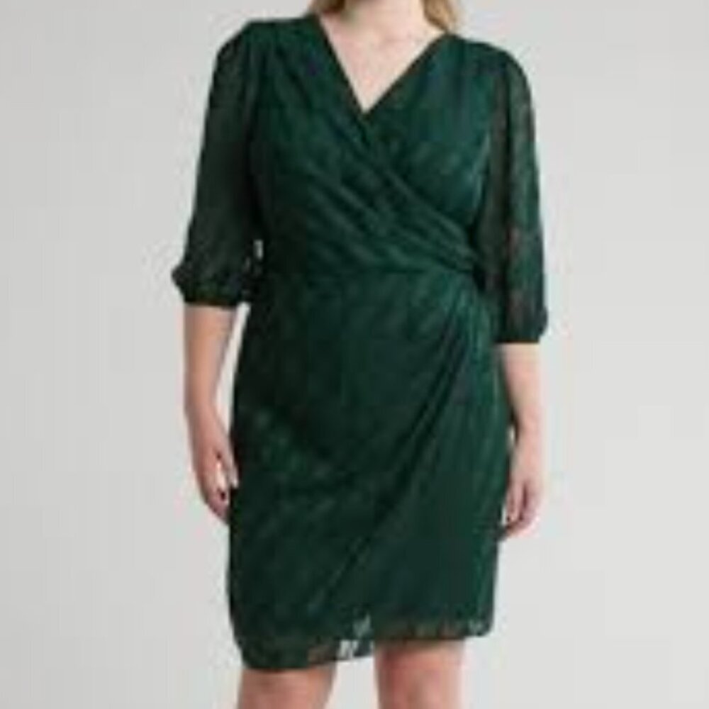 London Times Women's Plus 24W Burnout Chiffon Faux Wrap Dress Pine Green NWT